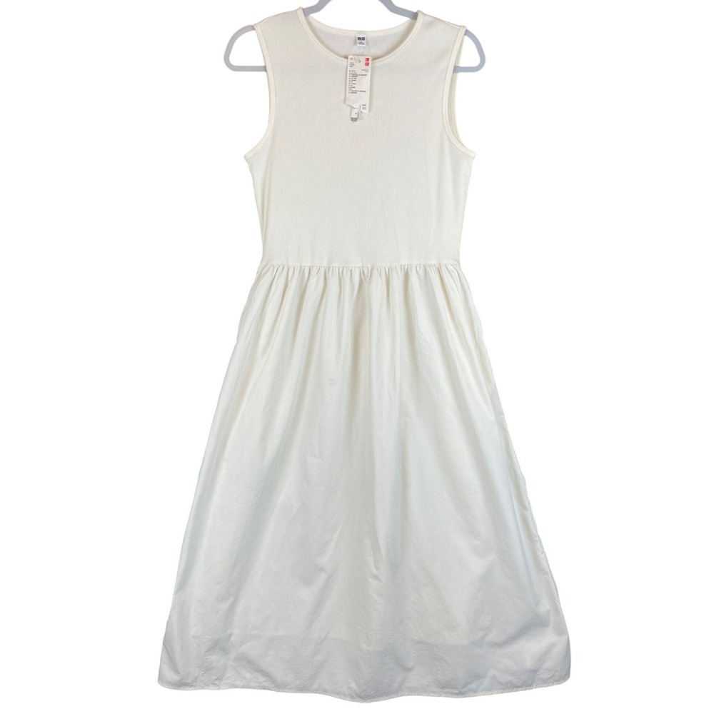 Uniqlo Ribbed Mixed Media Sleeveless Midi Dress White Large NWT HT00189NX-TW